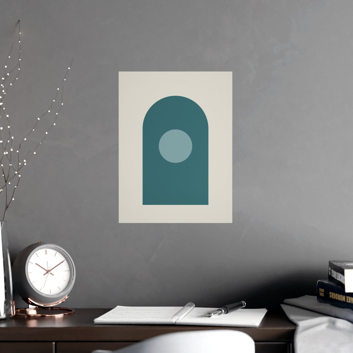 Deep Teal Arch Modern Wall Art — arch in a deep teal palette, shown framed on a wall