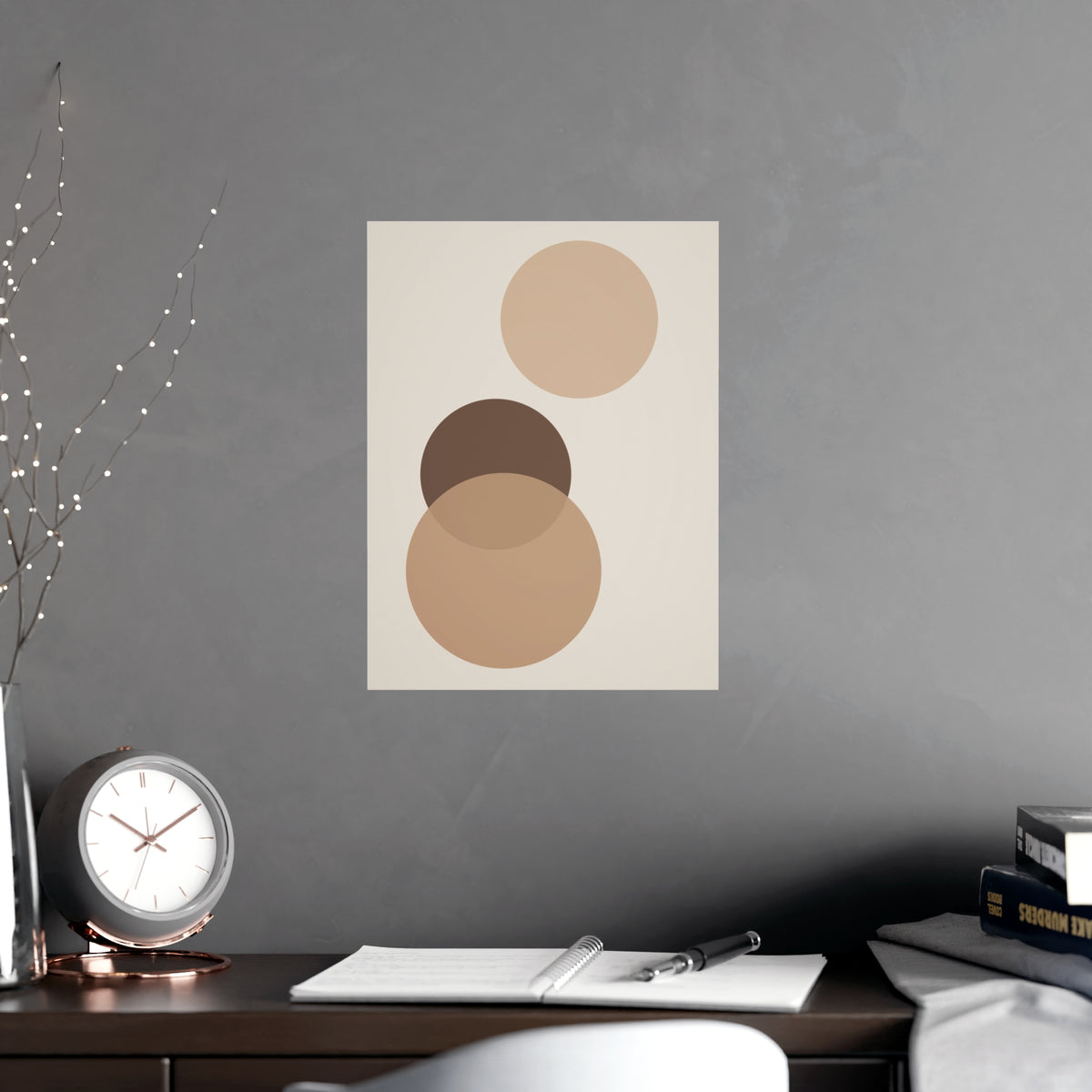 Sand Clay Circles Modern Wall Art — circles in a sand clay palette, shown framed on a wall