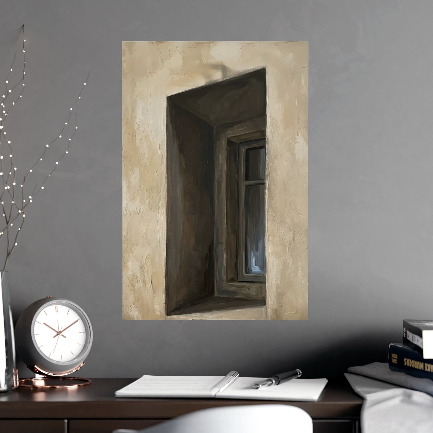 Window Recess hung on a grey wall above a dark sofa, 18x24 in print