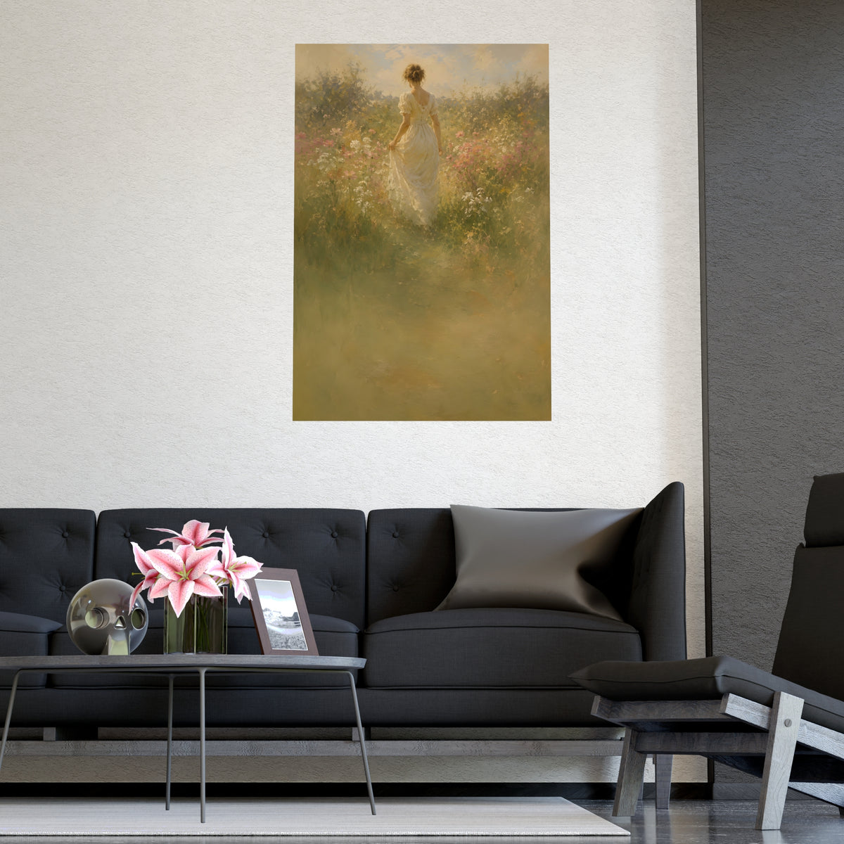 Meadow Walk — a woman walking through a summer meadow of wildflowers, shown framed on a wall