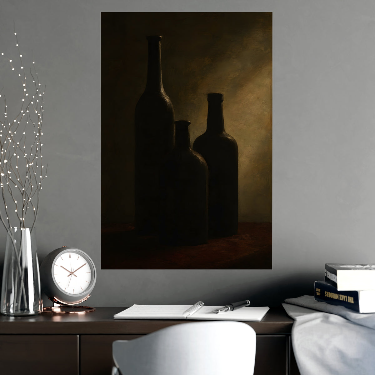 Three Silhouettes — three silhouettes, shown framed on a wall