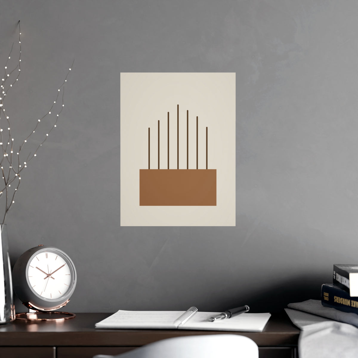 Warm Earth Lines Boho Wall Art — lines in a warm earth palette, shown framed on a wall