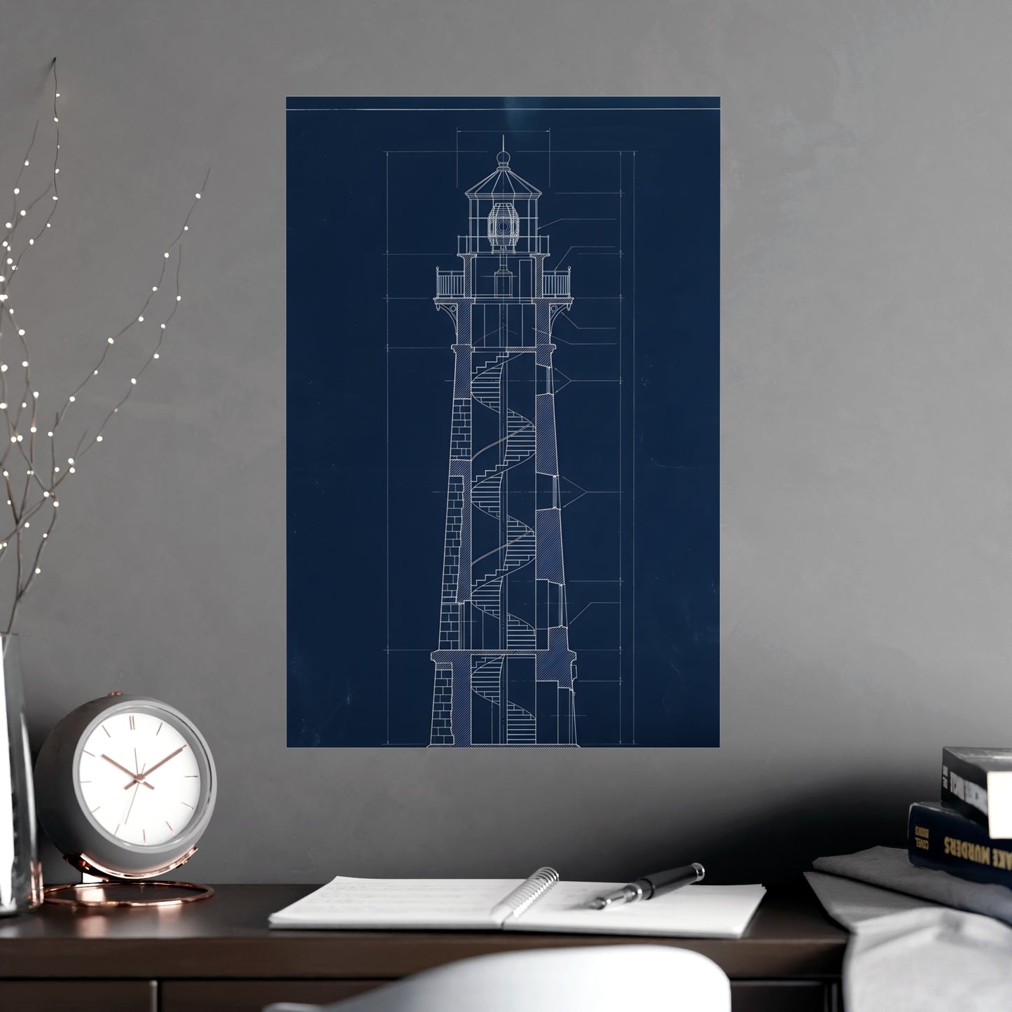 Lighthouse, in Section framed on a cream wall in a living room, 18x24 in print