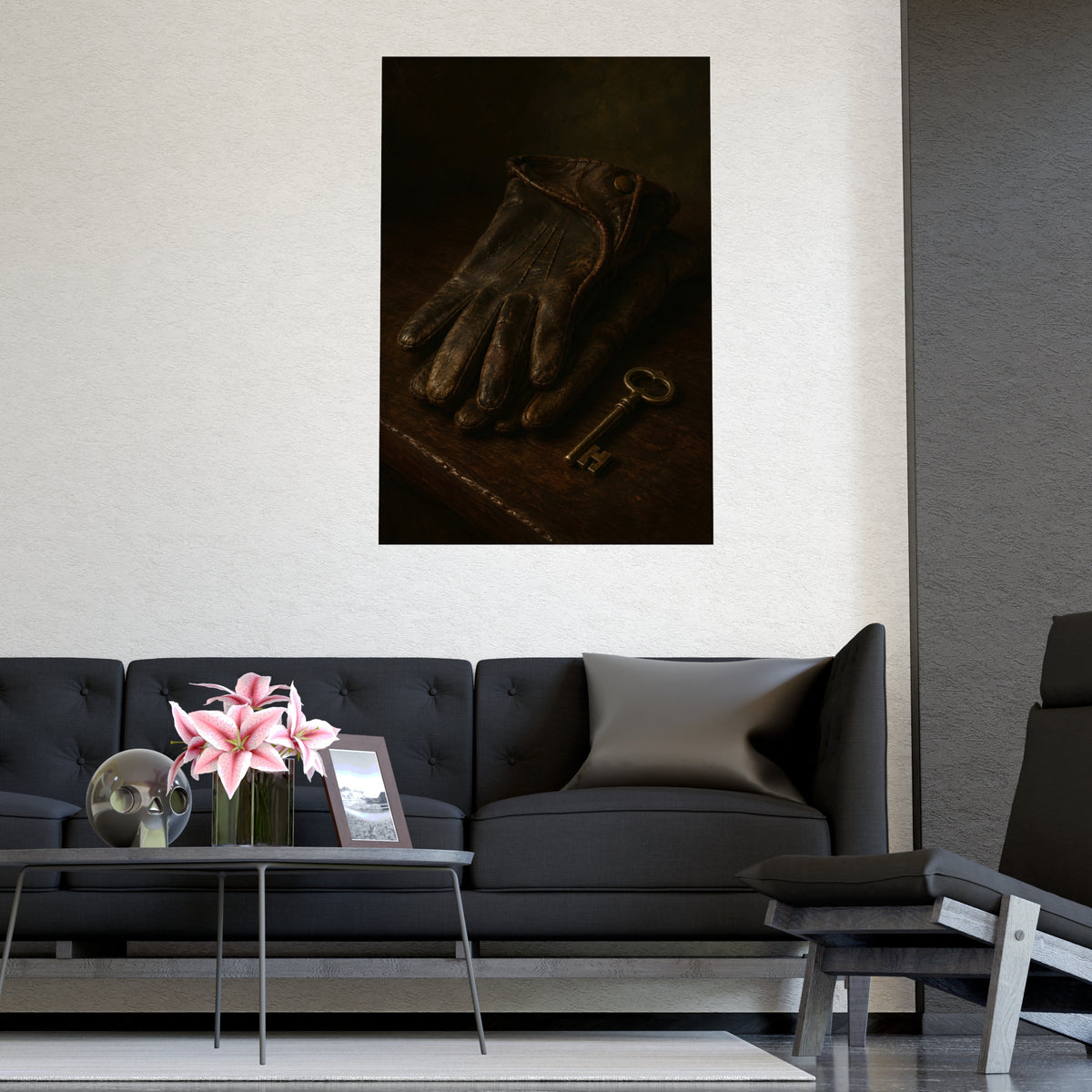 Gloves and a Brass Key — gloves and a brass key, shown framed on a wall