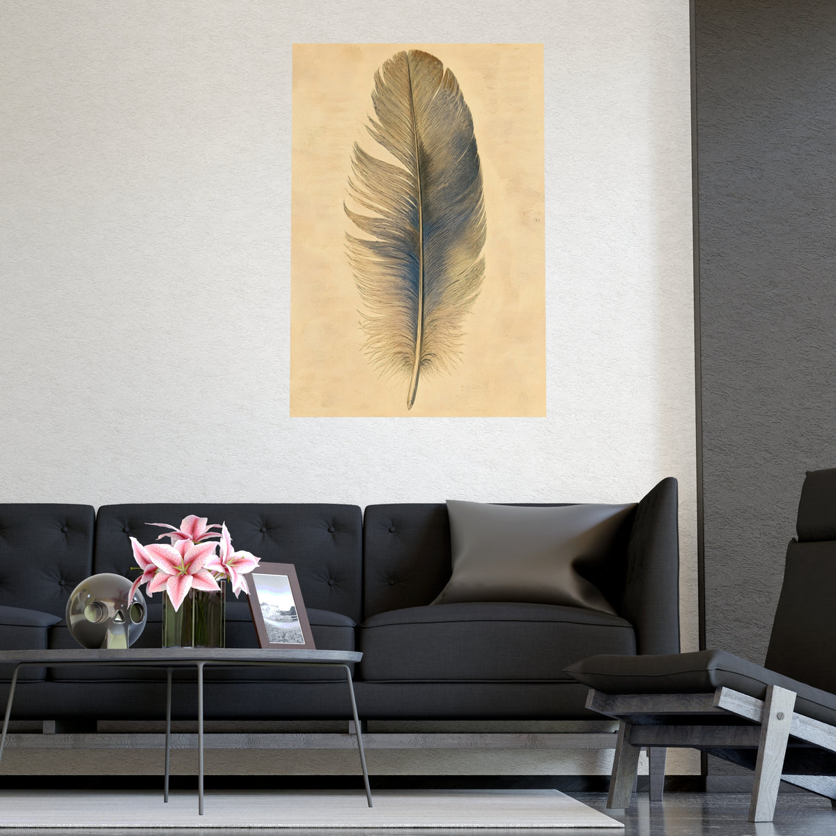 One Feather — one feather, shown framed on a wall
