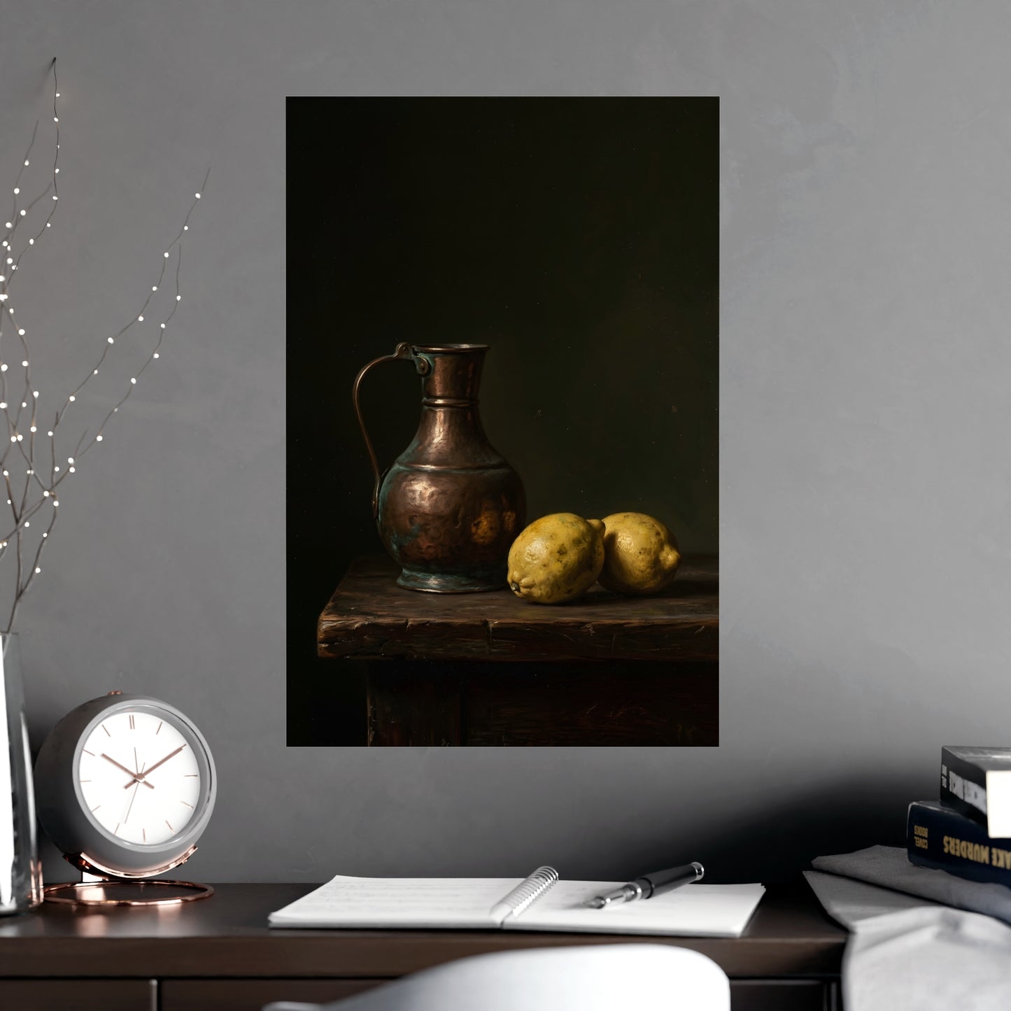 Stilllife 02 on a living room wall beside a tall vase, 18x24 in print