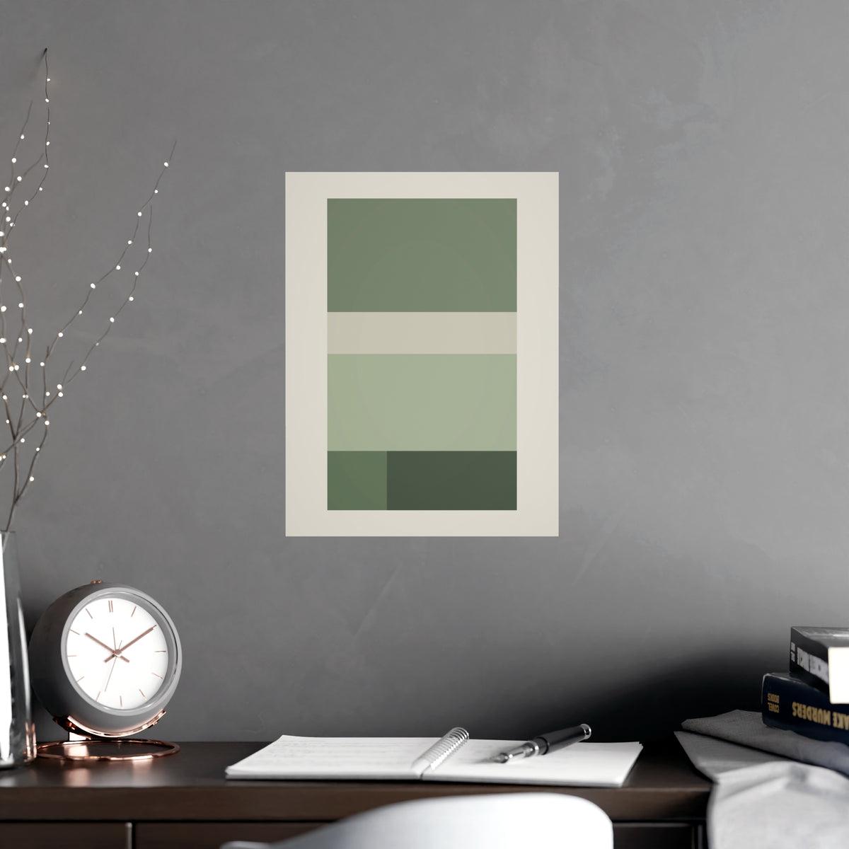 Sage Neutral Blocks Boho Wall Art — blocks in a sage neutral palette, shown framed on a wall
