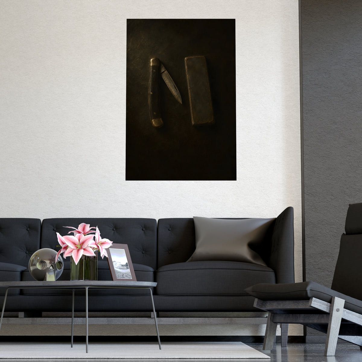 Knife and Whetstone — knife and whetstone, shown framed on a wall