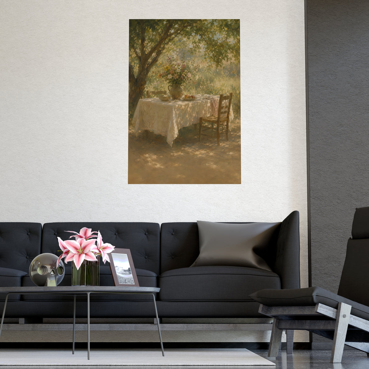 Table Under the Tree — a table under a tree with a linen cloth and a jug of wildflowers, shown framed on a wall