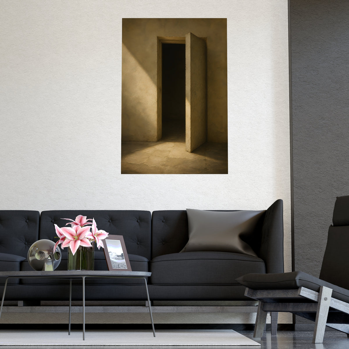 A Door, Ajar — a door, ajar, shown framed on a wall