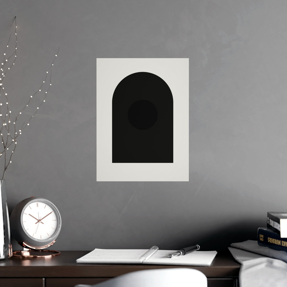 Charcoal Cream Arch Modern Wall Art — arch in a charcoal cream palette, shown framed on a wall