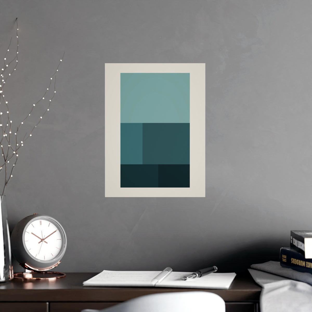 Deep Teal Blocks Modern Wall Art — blocks in a deep teal palette, shown framed on a wall