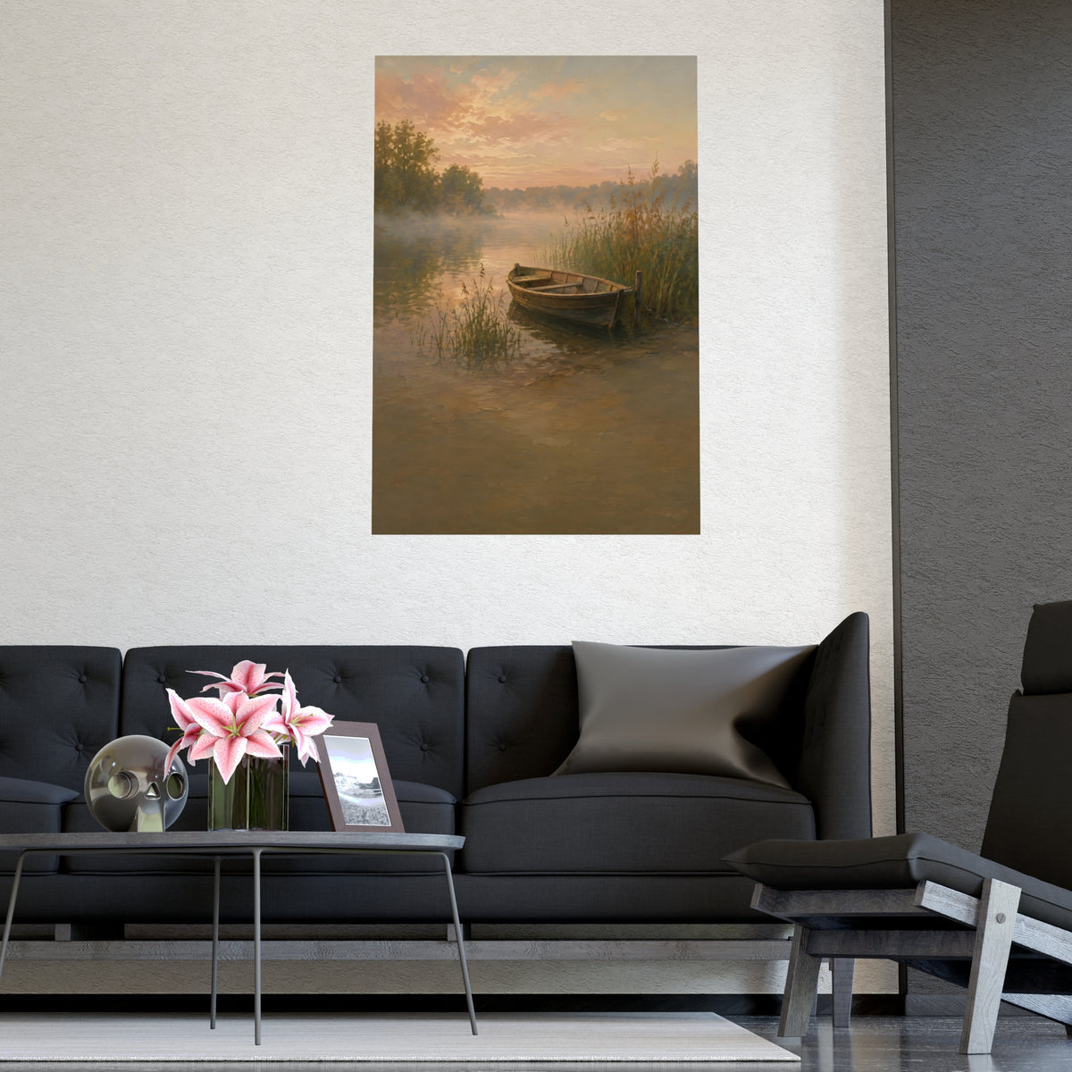 Rowboat at Dawn — a wooden rowboat moored among reeds as mist rises off the water, shown framed on a wall