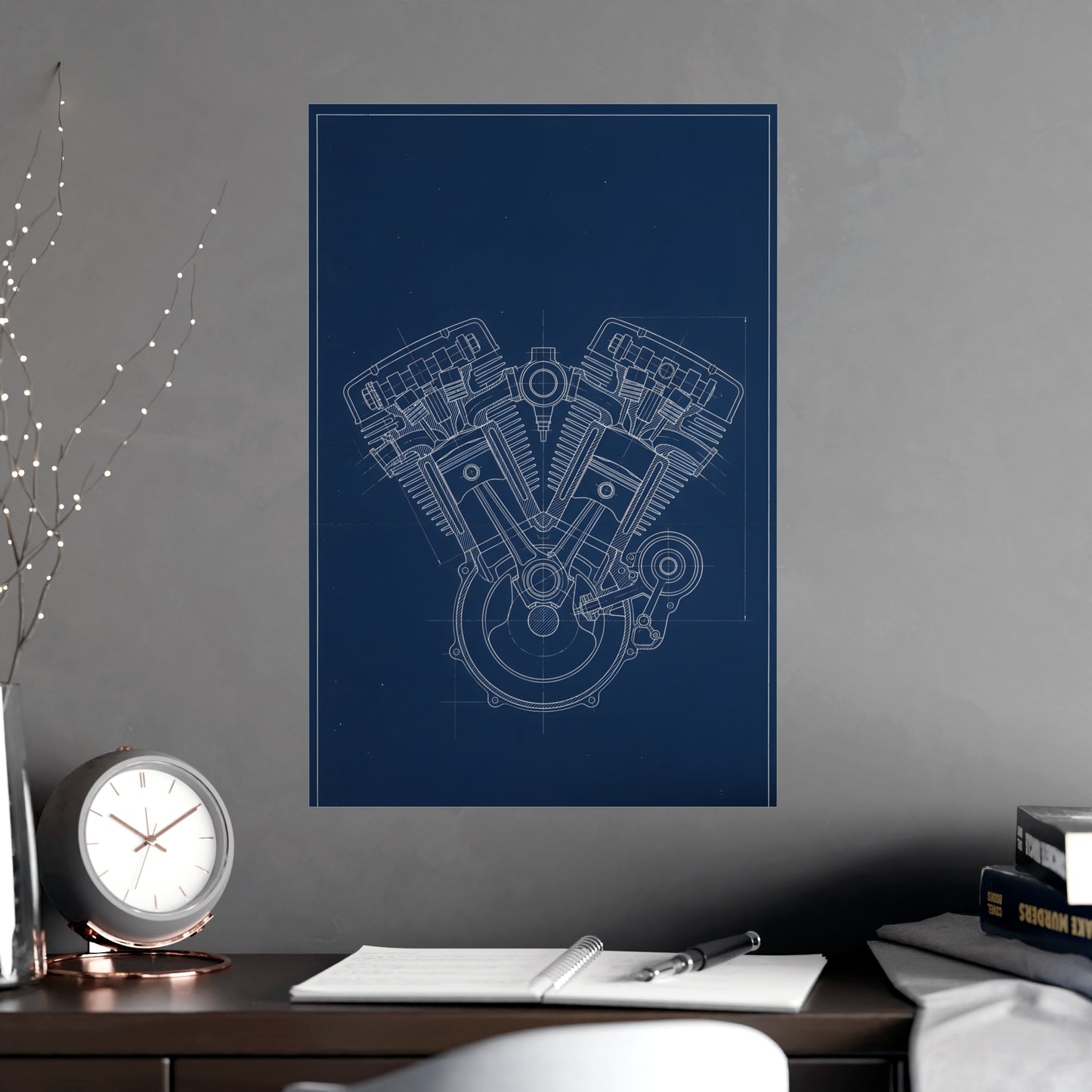 V-Twin Engine hung on a grey wall above a dark sofa, 18x24 in print