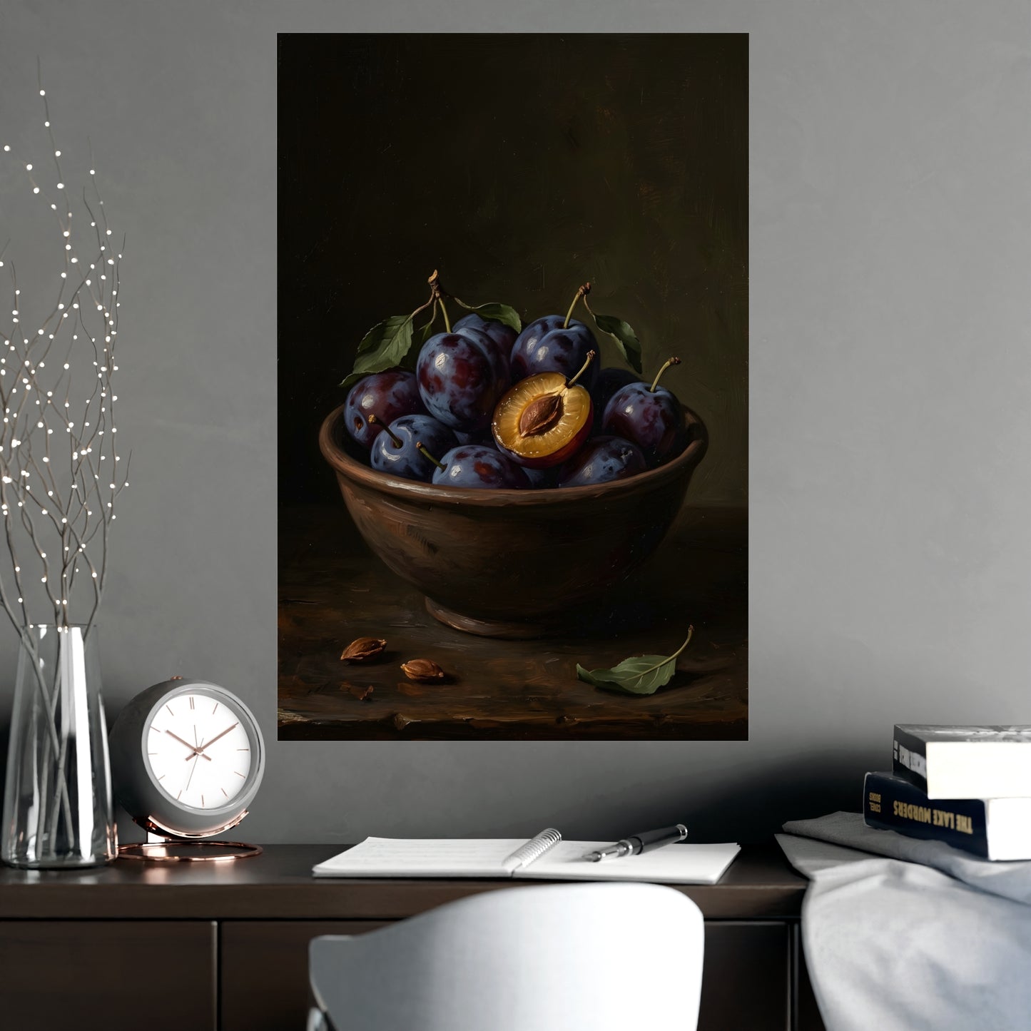 Bowl of Plums hung above a desk with a clock and notebook, 20x30 in print