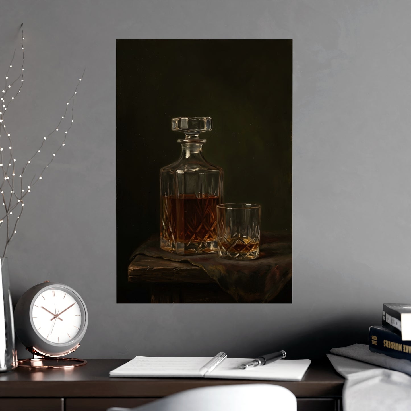 Decanter and Glass hung above a sofa with a side table and lilies, 18x24 in print
