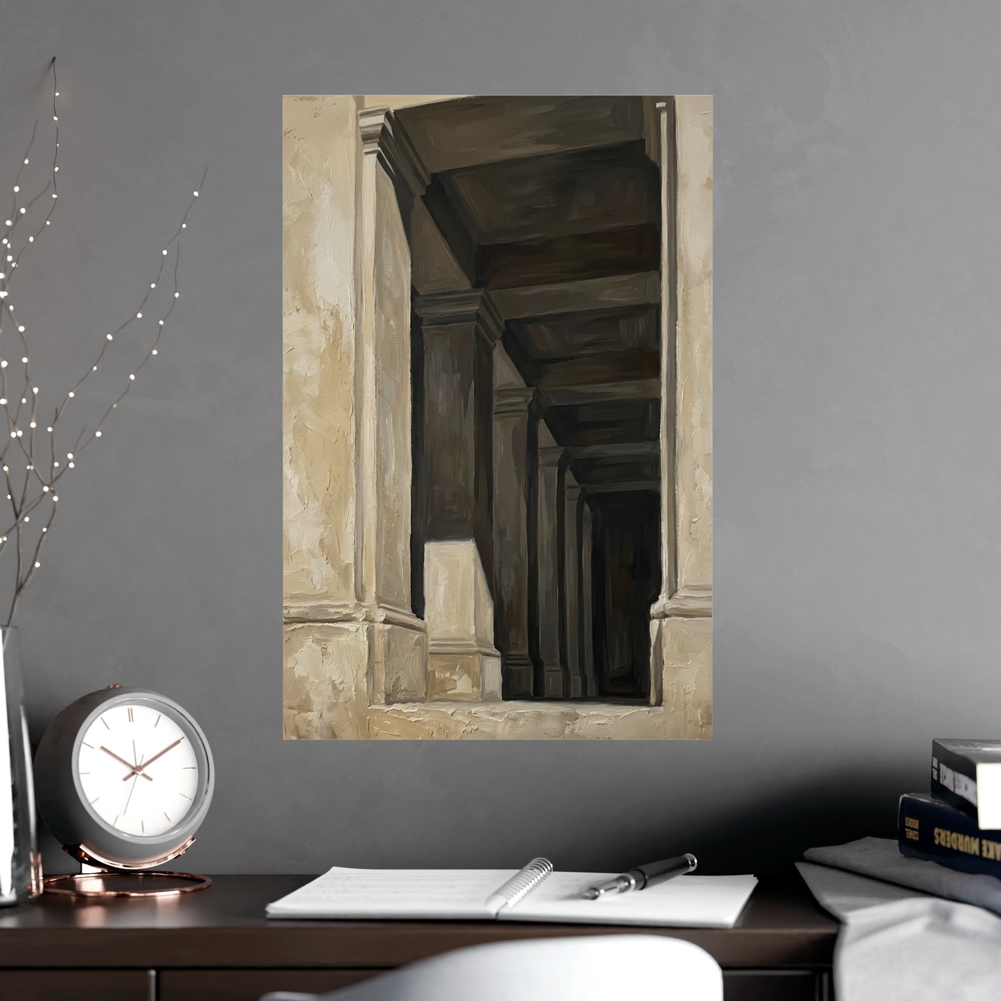 Colonnade framed on a cream wall in a living room, 18x24 in print