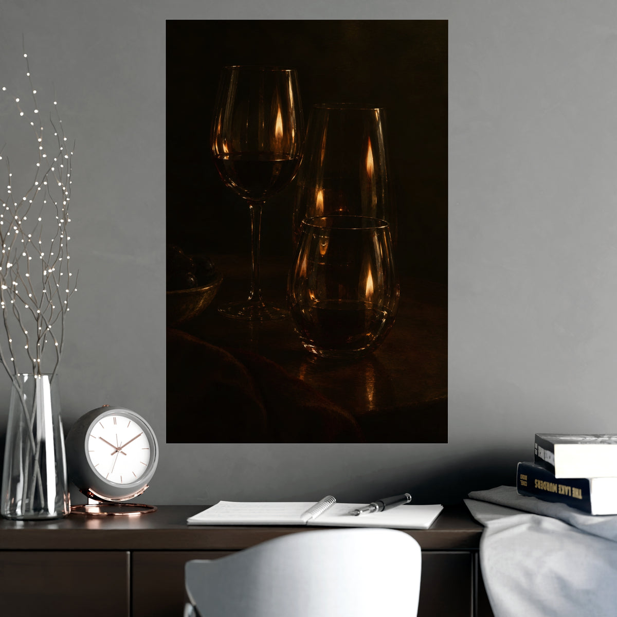 One Flame, Three Glasses — one flame, three glasses, shown framed on a wall