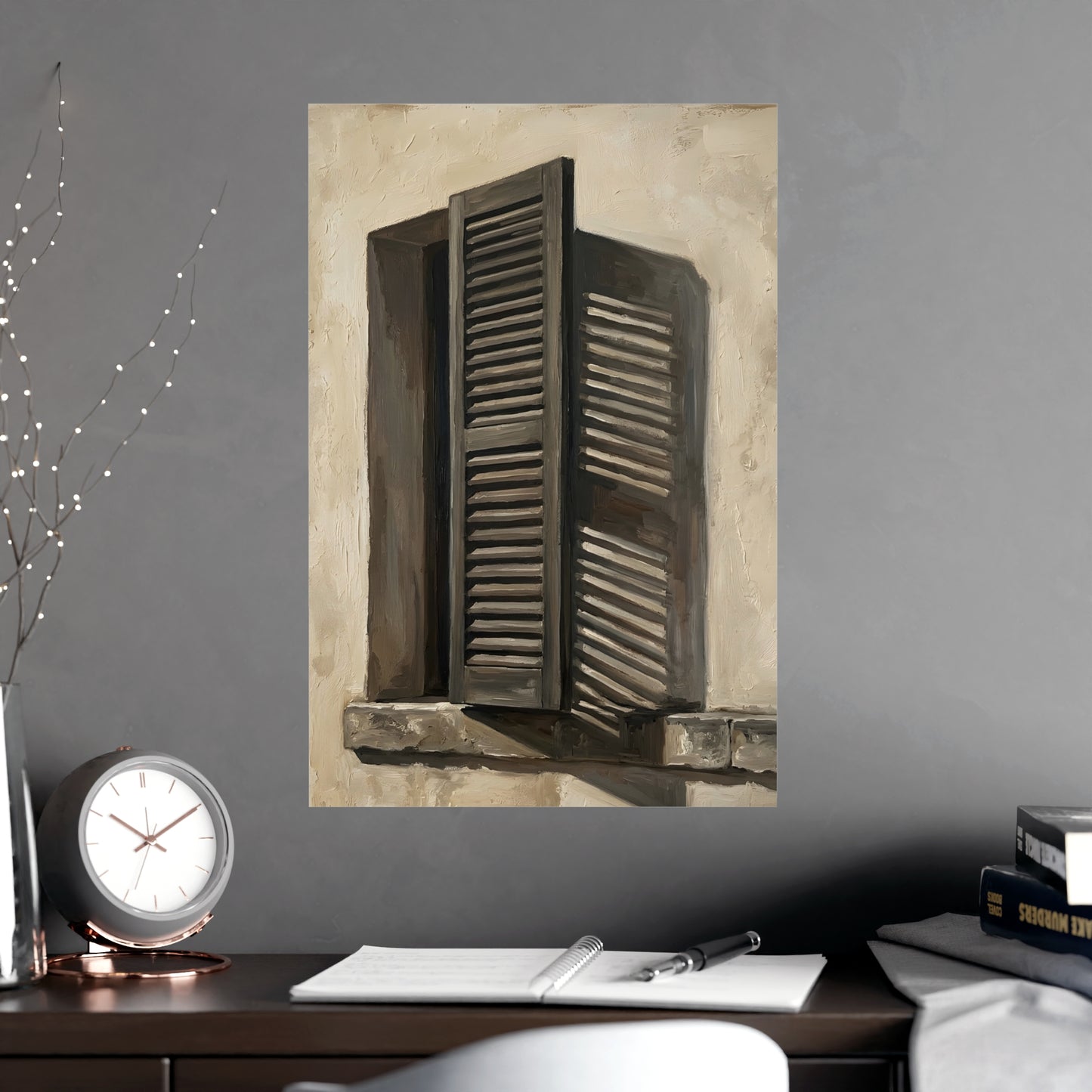 Shutters, Half Closed on a plain wall, shown at a larger size, 18x24 in print