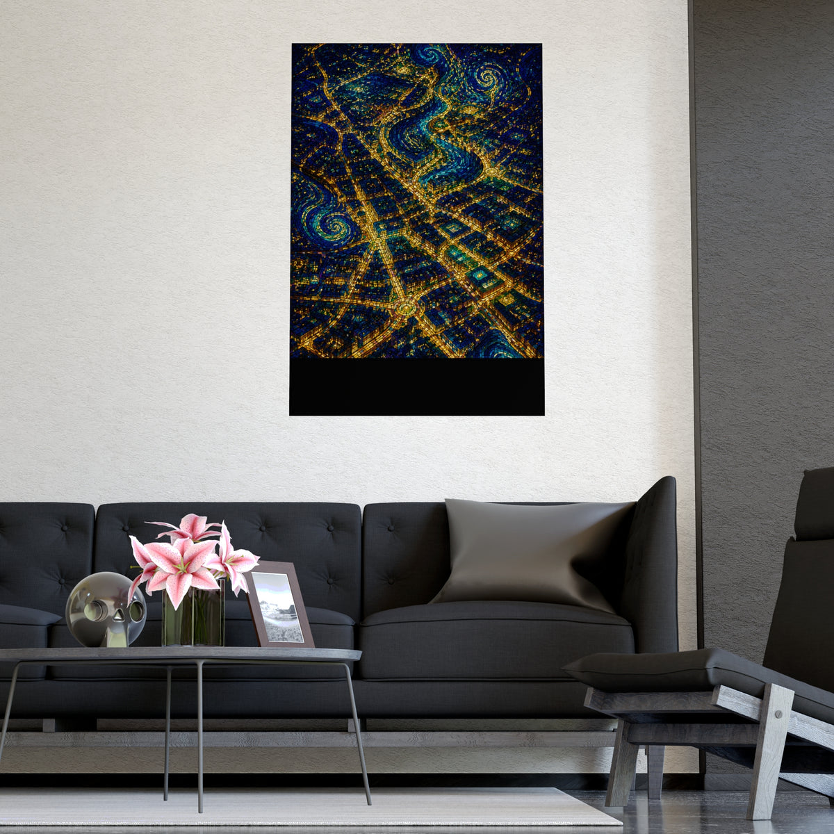 City from Above — city from above, shown framed on a wall