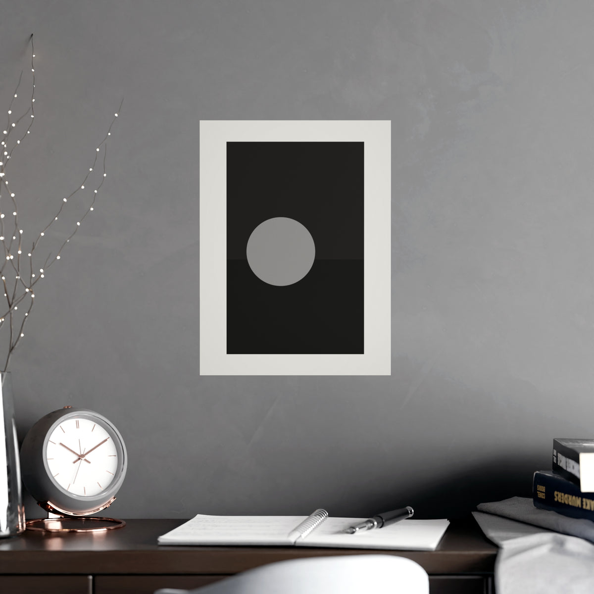 Charcoal Cream Sun Landscape Wall Art — sun landscape in a charcoal cream palette, shown framed on a wall