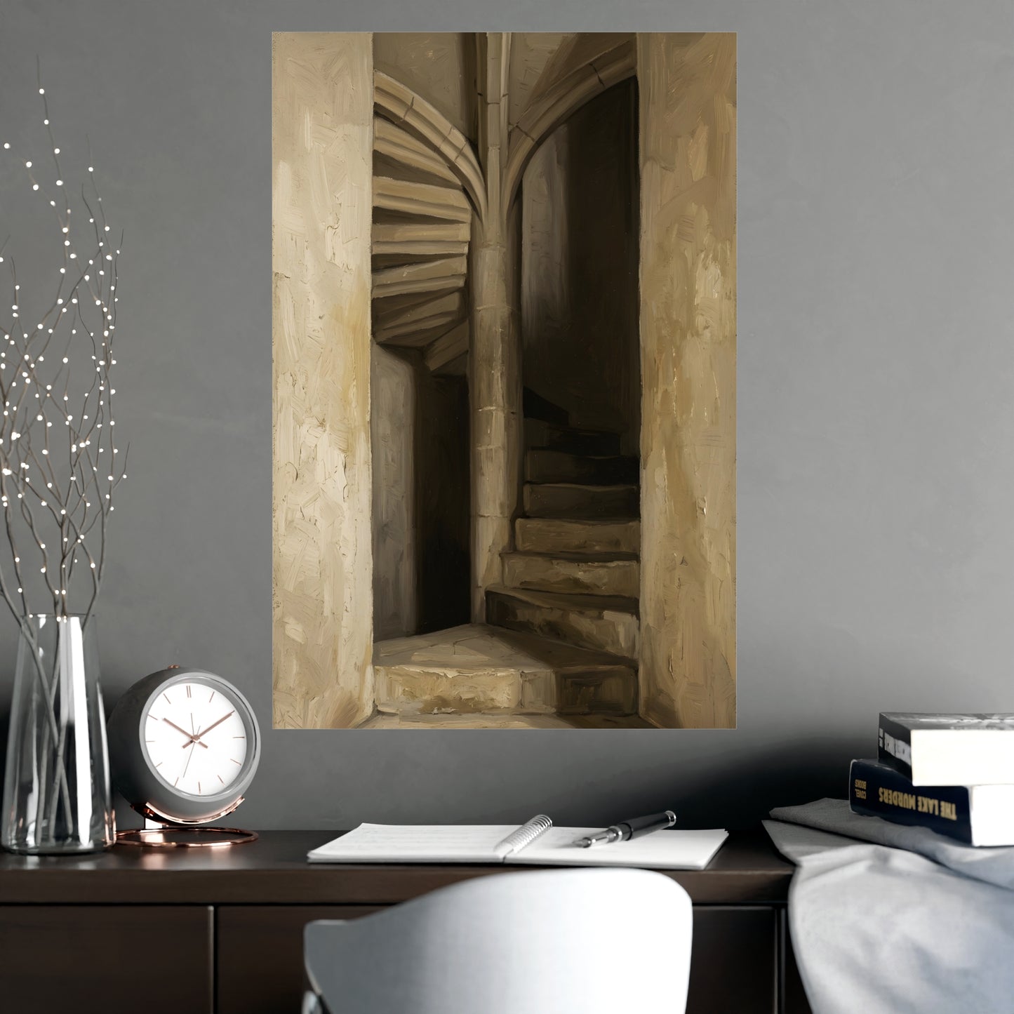 Stone Stair framed on a cream wall in a living room, 20x30 in print