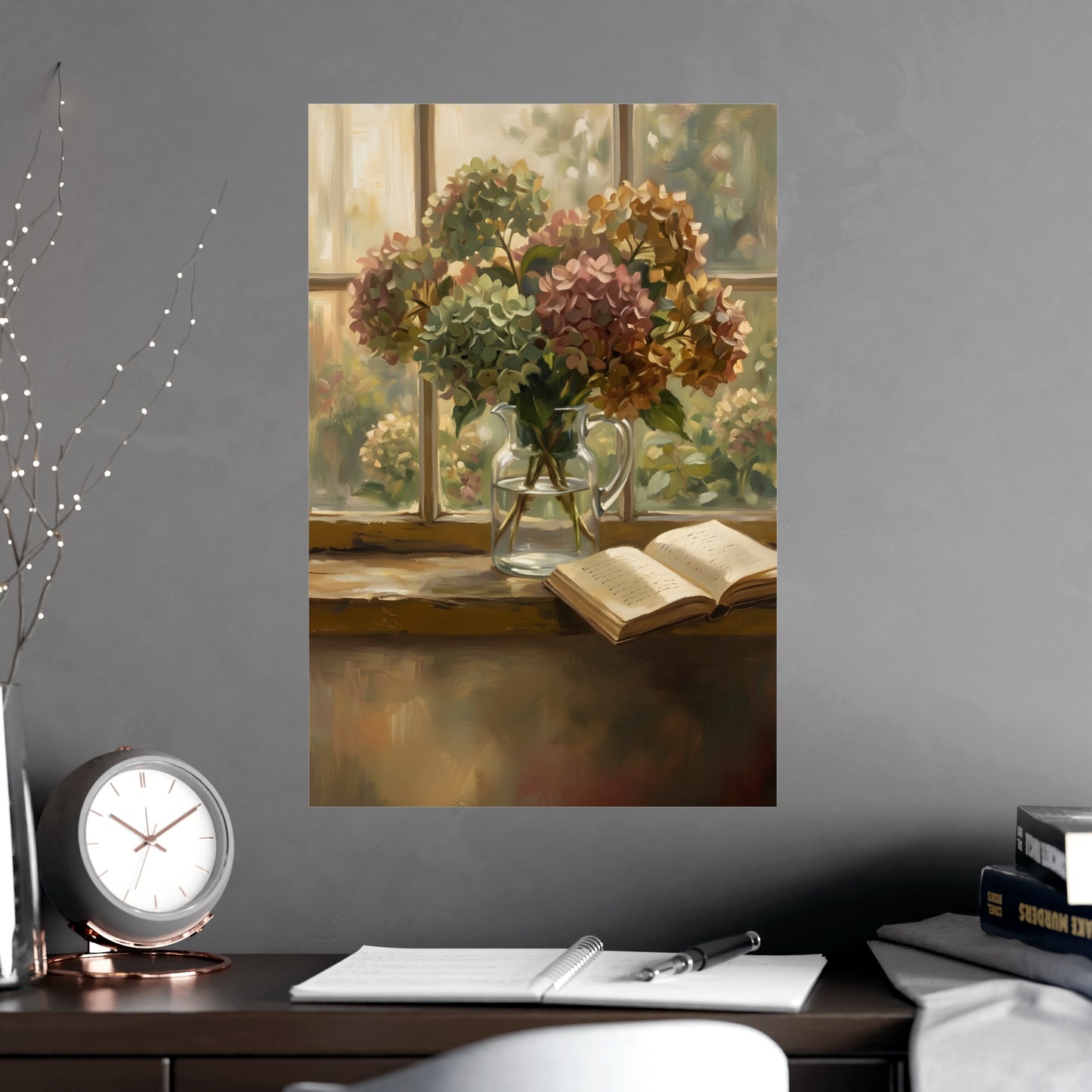 Gemini 18 hung above a desk with a clock and notebook, 18x24 in print