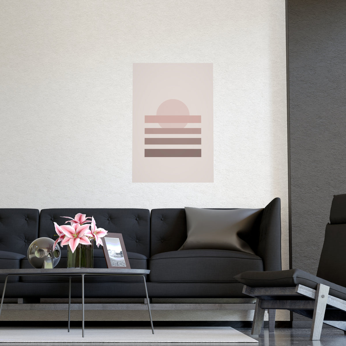 Dusty Rose Sunset Landscape Wall Art — sunset landscape in a dusty rose palette, shown framed on a wall