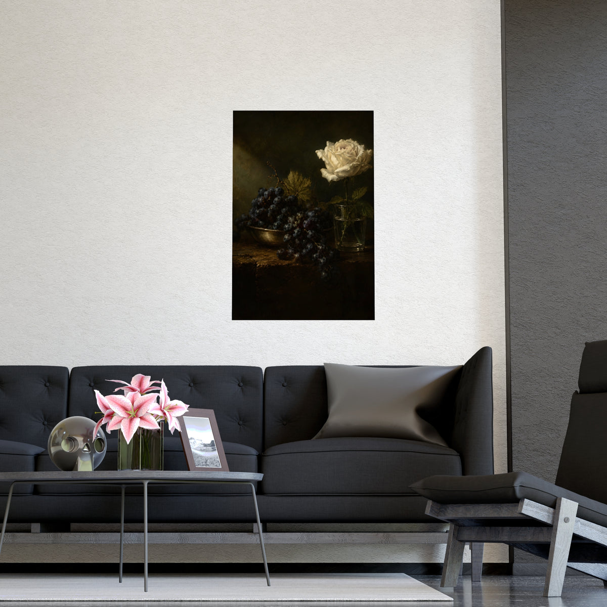 Grapes and a White Rose — grapes and a white rose, shown framed on a wall