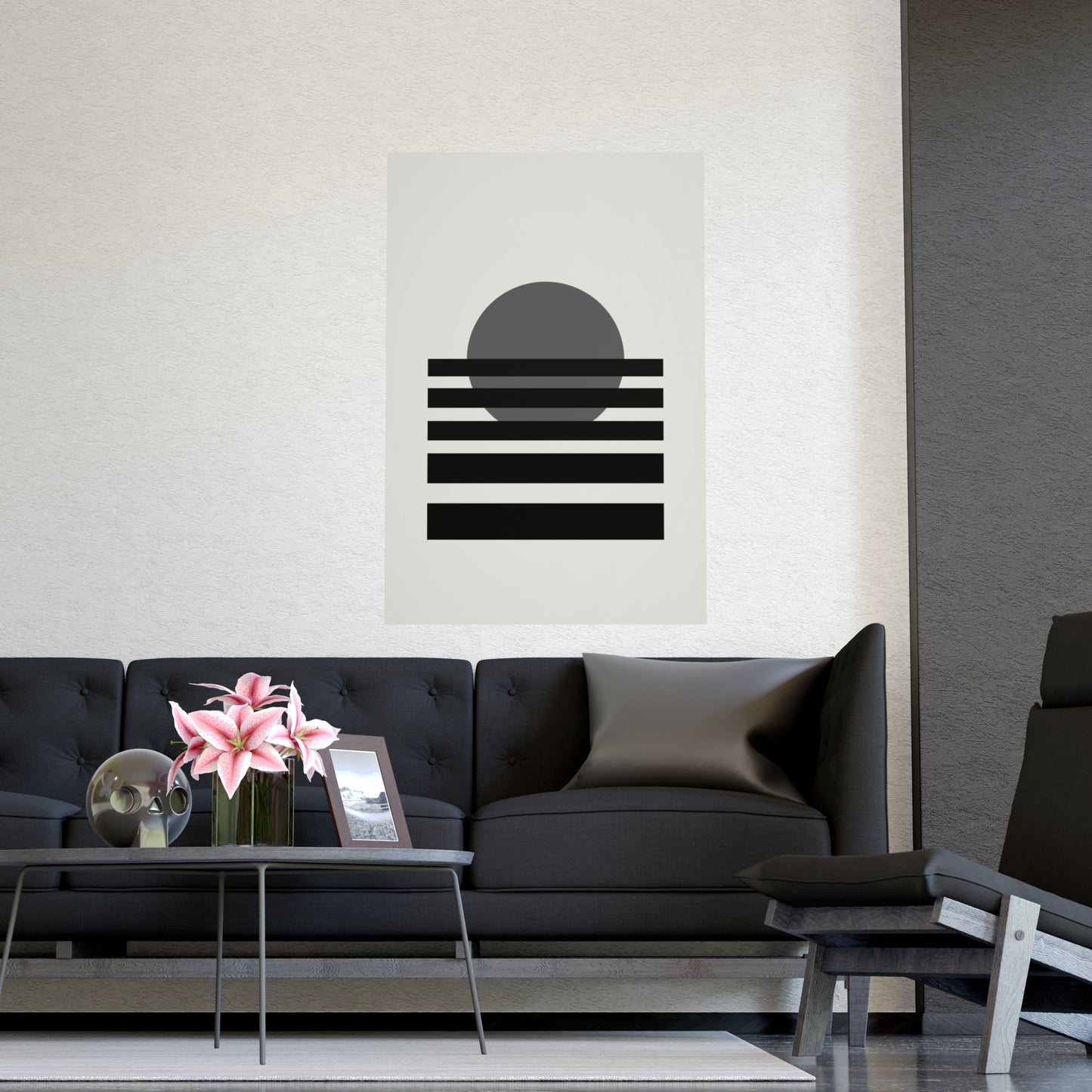 Charcoal Cream Sunset Landscape Wall Art | Living Room Print