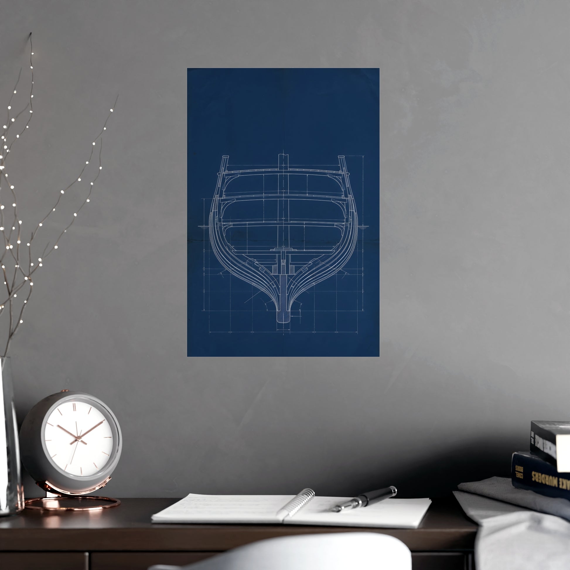 Ship's Hull framed on a cream wall in a living room, 12x18 in print