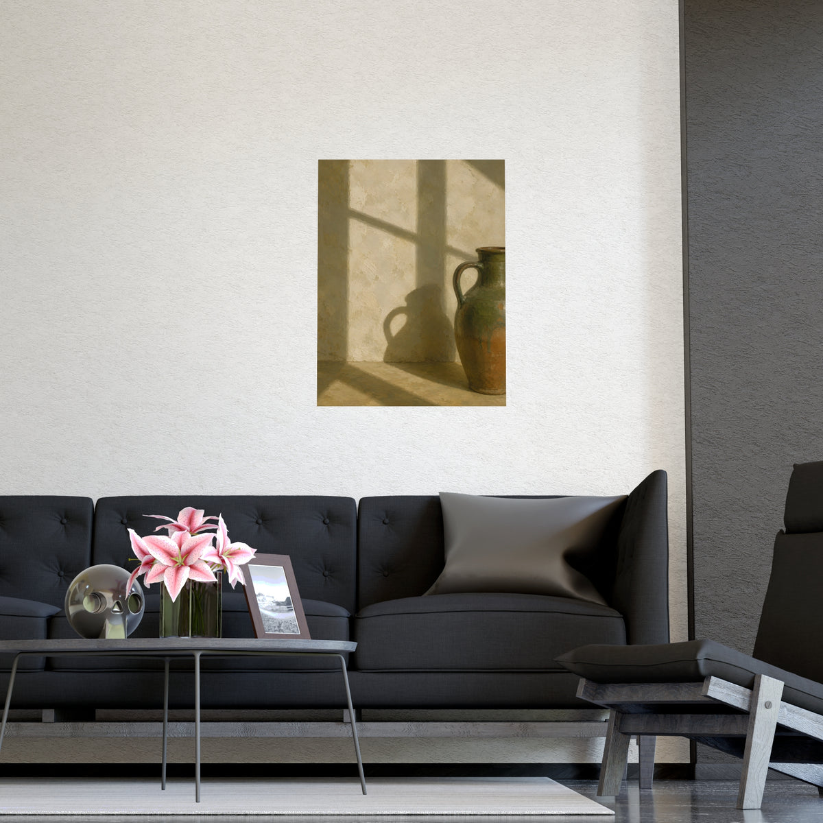 A Long Shadow on Plaster — a long shadow on plaster, shown framed on a wall