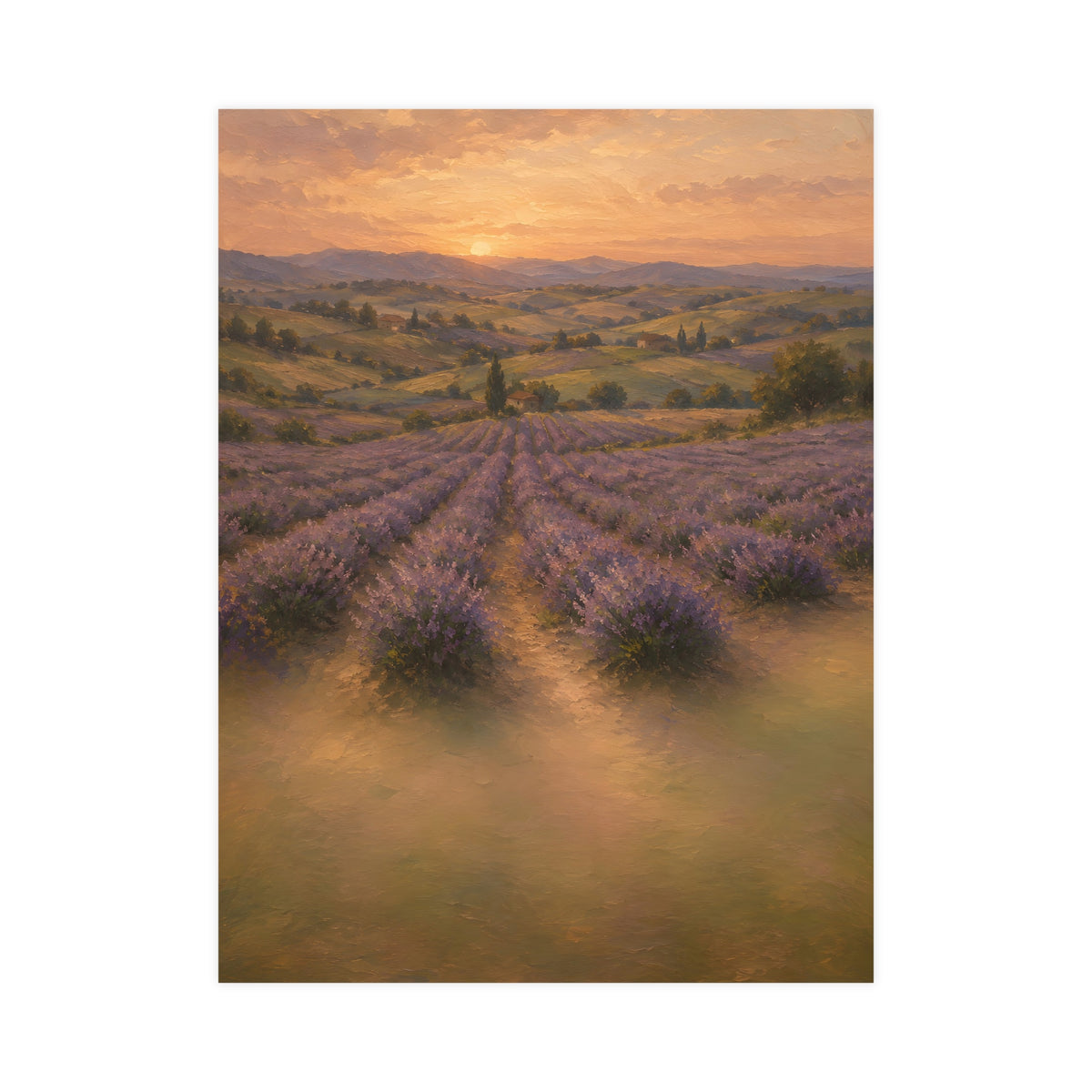 Lavender Fields at Dusk — lavender rows receding into soft hills at dusk, 18x24 in print