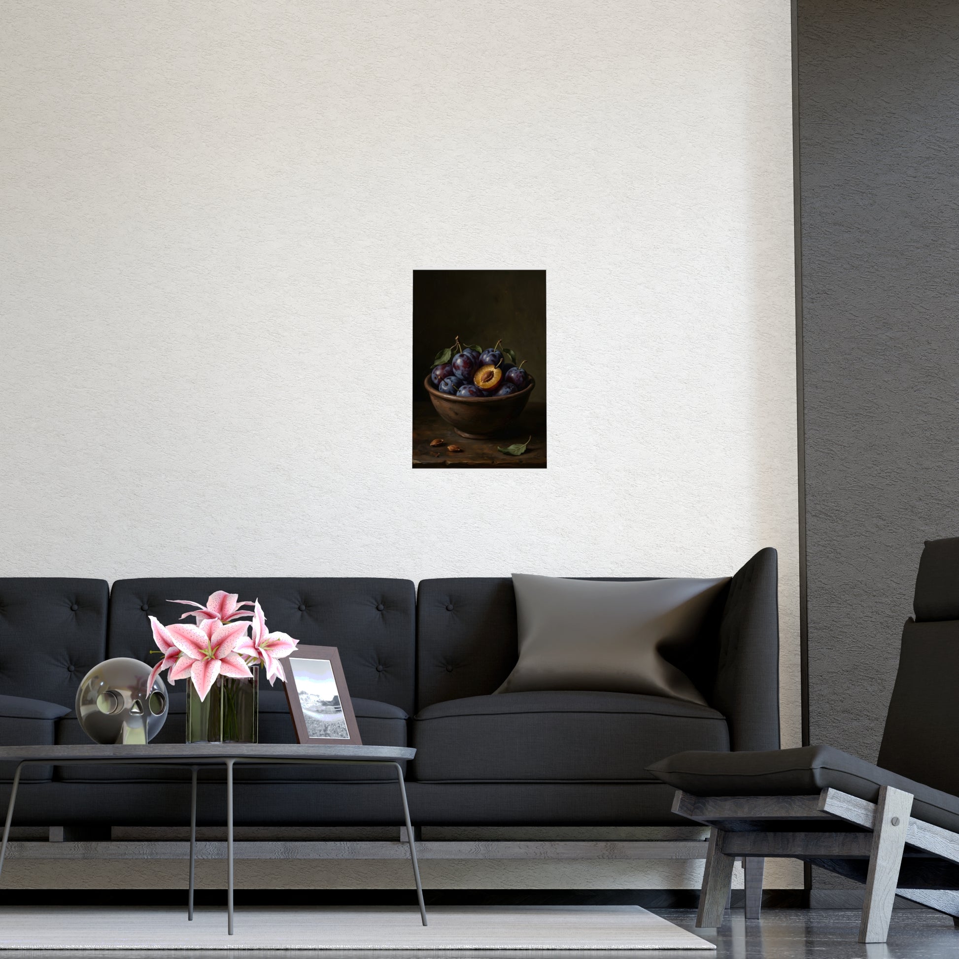 Bowl of Plums hung above a sofa with a side table and lilies, 12x16 in print