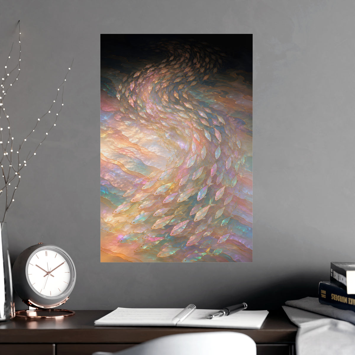A Shoal, Turning — a shoal, turning, shown framed on a wall