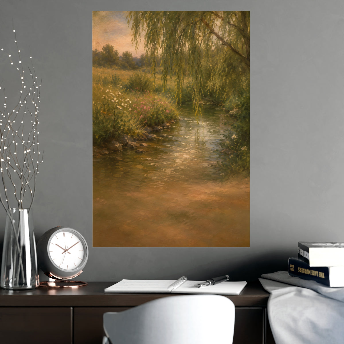 Willow Stream — a shallow stream winding through a meadow with willow branches trailing over the water, shown framed on a wal