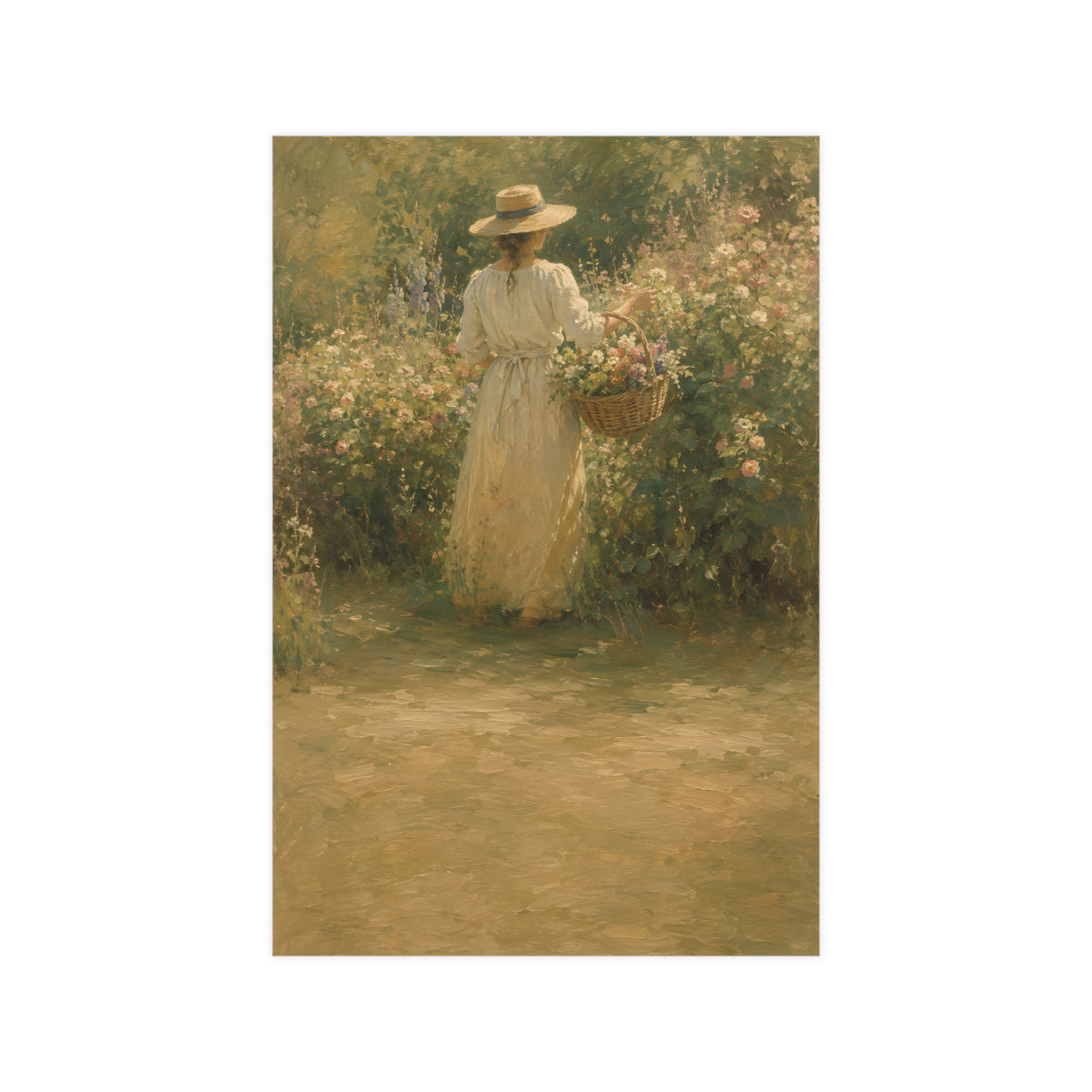 Gathering Flowers — a woman in a straw hat gathering flowers into a wicker basket, 12x18 in print