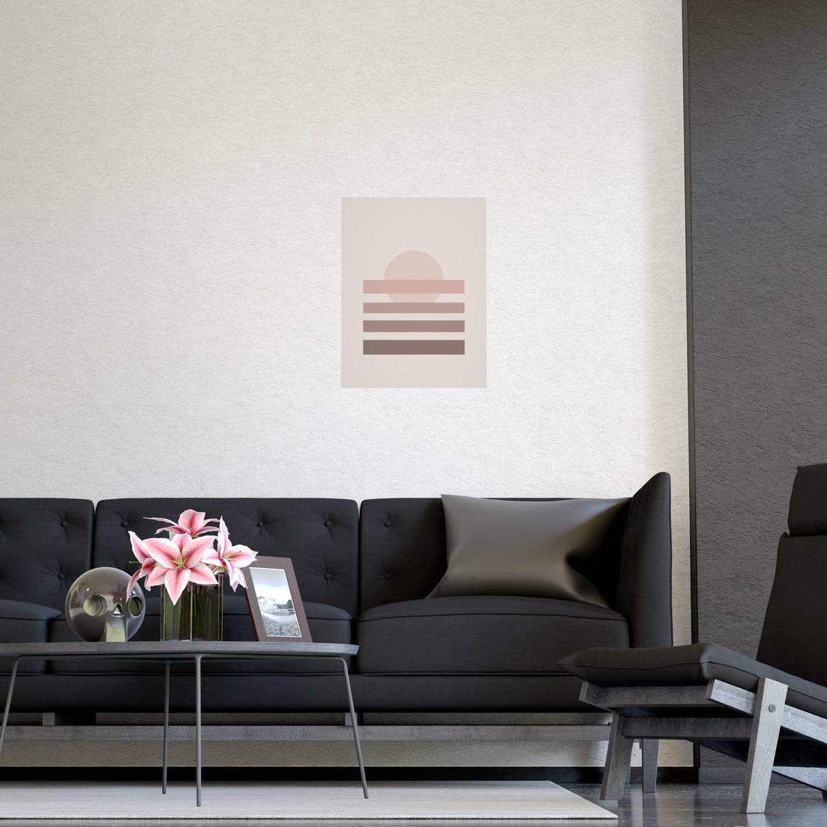 Dusty Rose Sunset Landscape Wall Art — sunset landscape in a dusty rose palette, shown framed on a wall