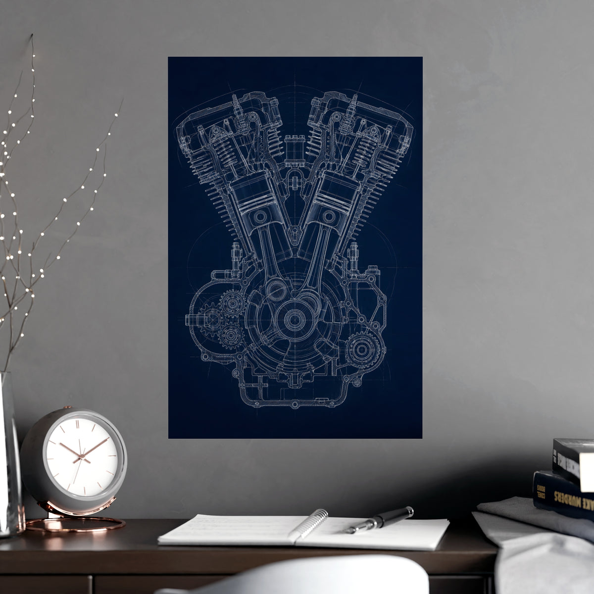V-Twin Engine — v-twin engine, shown framed on a wall
