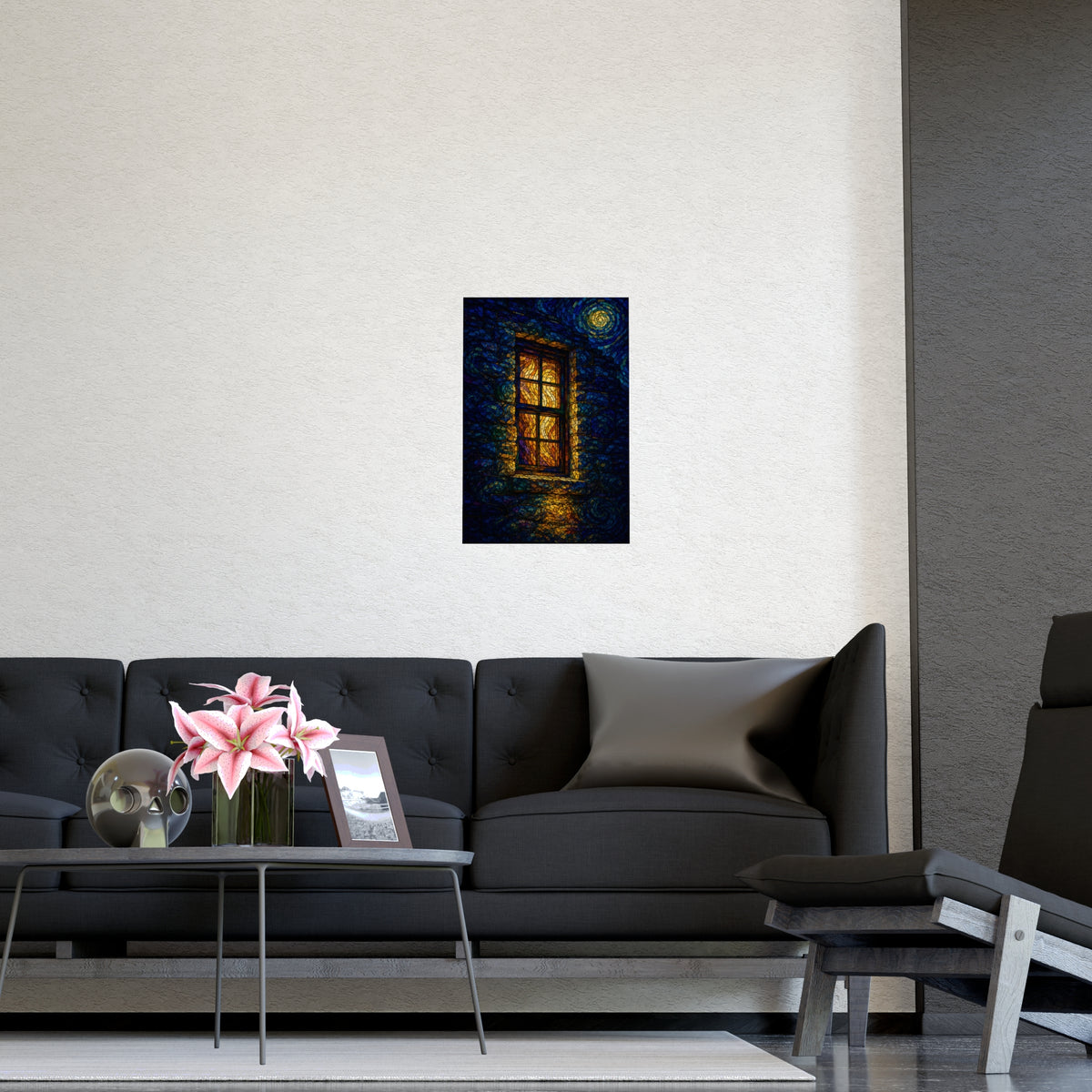 One Lit Window — one lit window, shown framed on a wall