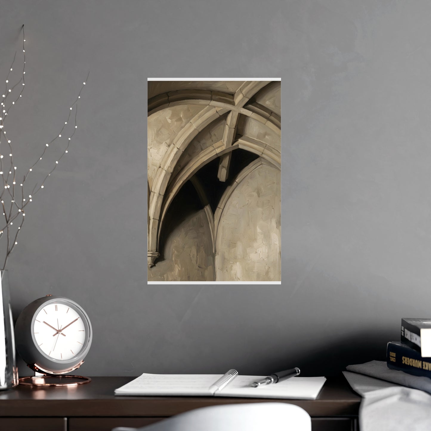 Vaulted Ceiling framed on a cream wall in a living room, 11x17 in print