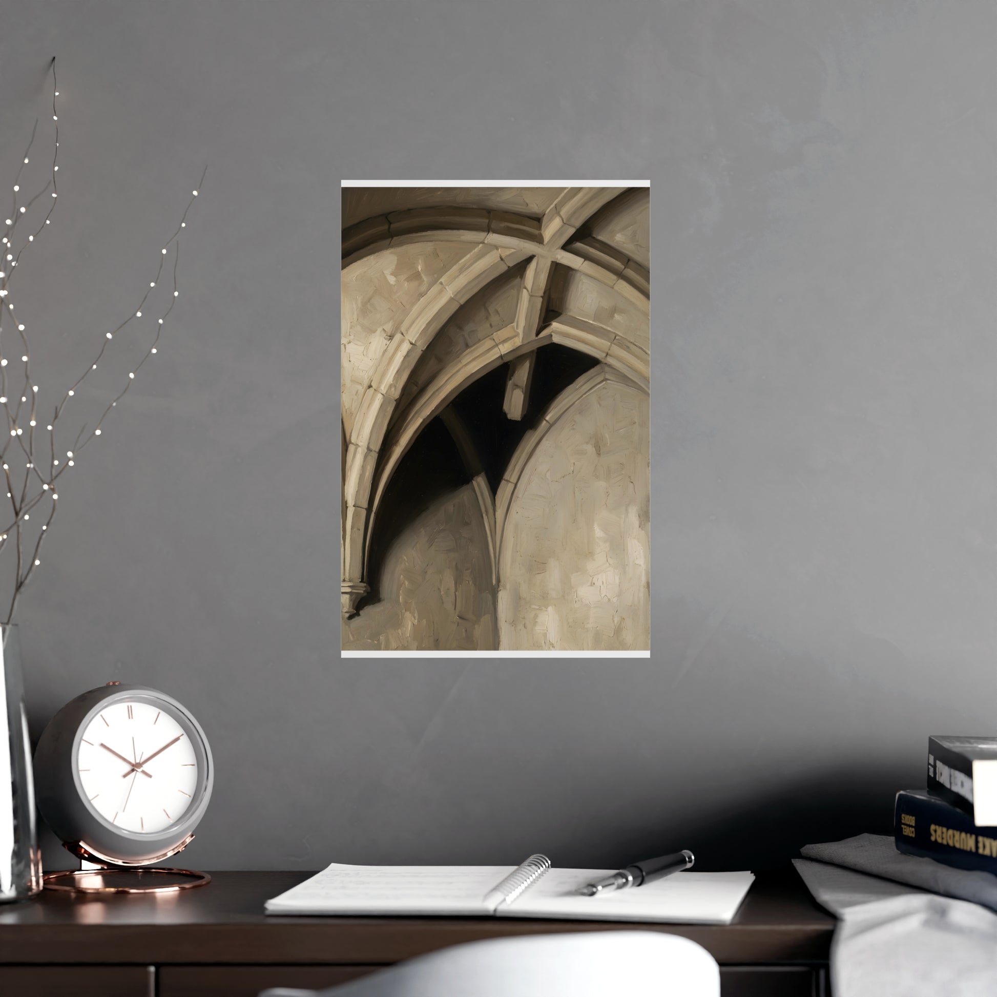 Vaulted Ceiling framed on a cream wall in a living room, 11x17 in print