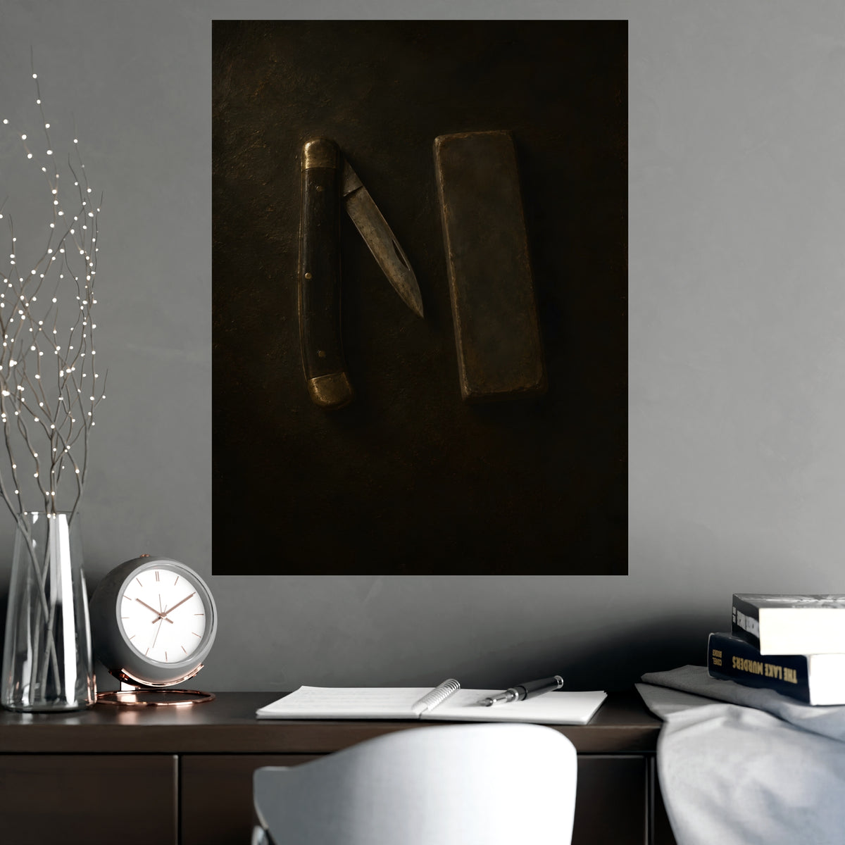 Knife and Whetstone — knife and whetstone, shown framed on a wall