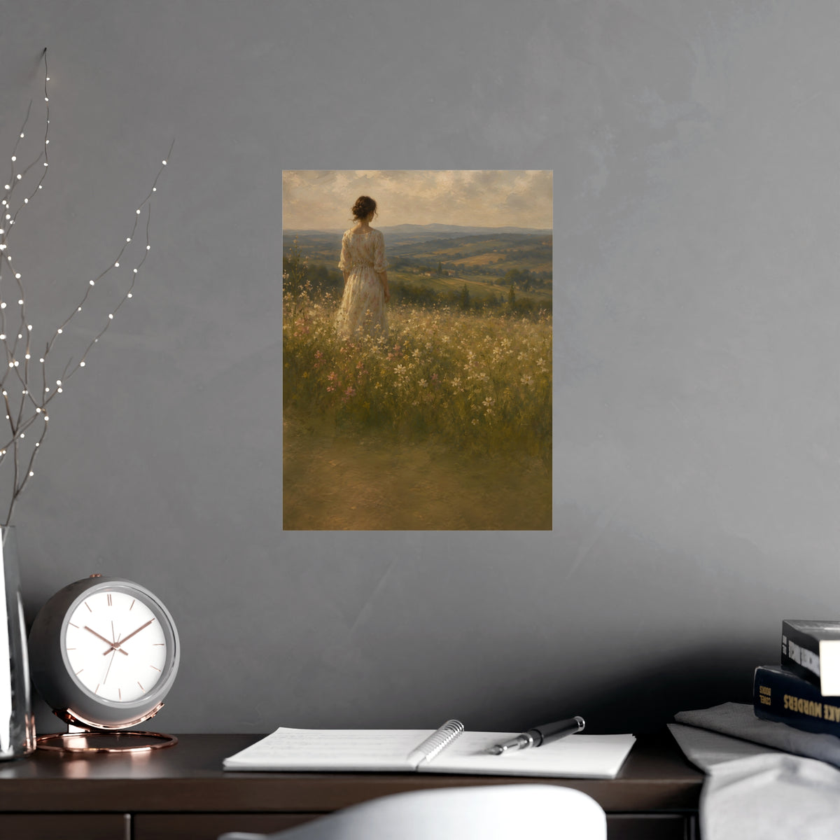 Looking to the Hills — a woman at the edge of a wildflower field looking toward distant hills, shown framed on a wall