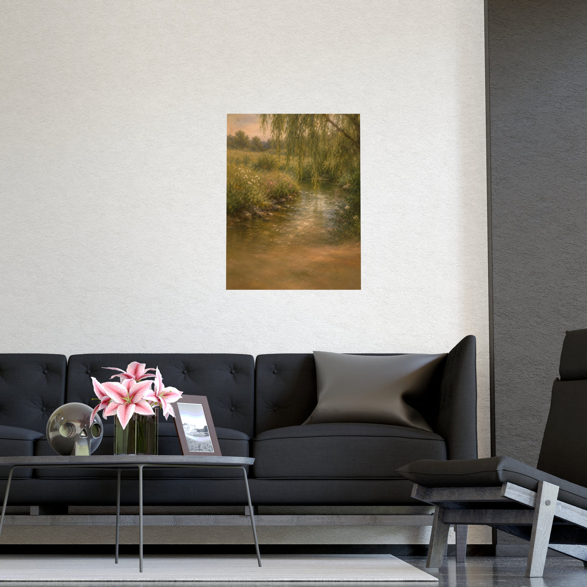 Willow Stream — a shallow stream winding through a meadow with willow branches trailing over the water, shown framed on a wal