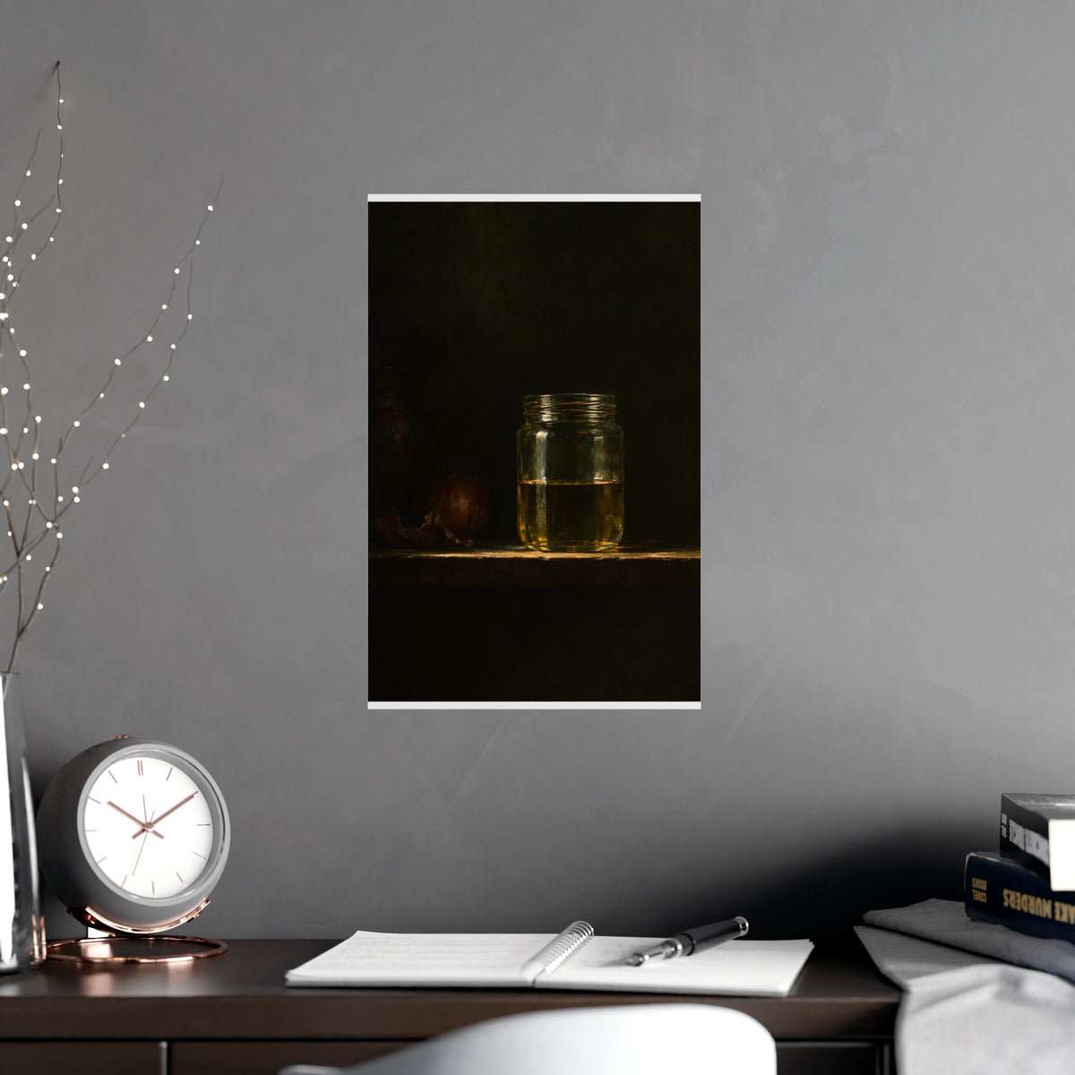 Half Full — half full, shown framed on a wall