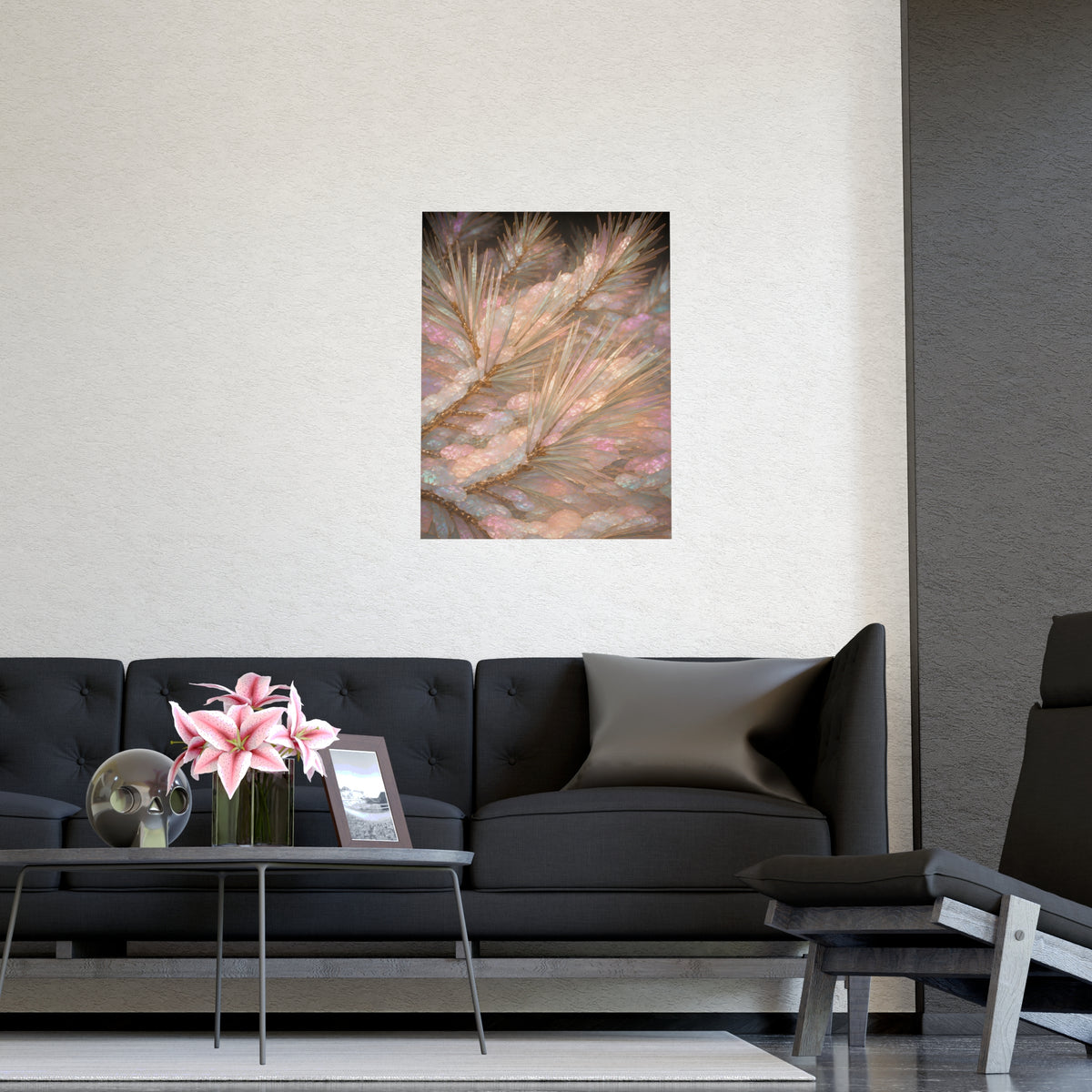 Snow on Pine — snow on pine, shown framed on a wall