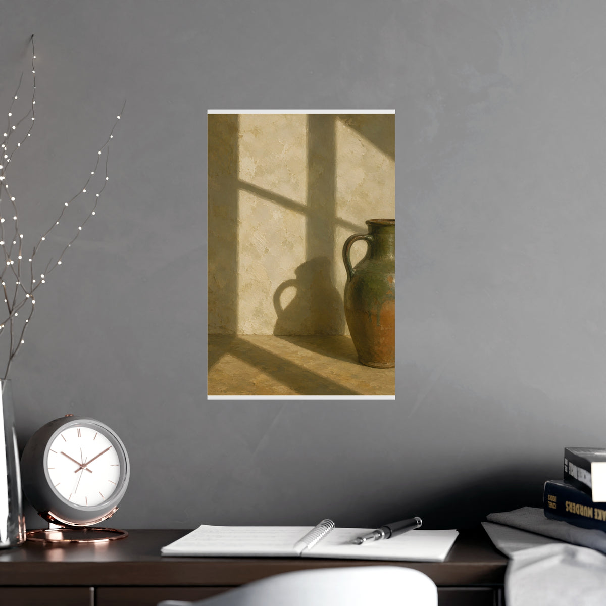 A Long Shadow on Plaster — a long shadow on plaster, shown framed on a wall
