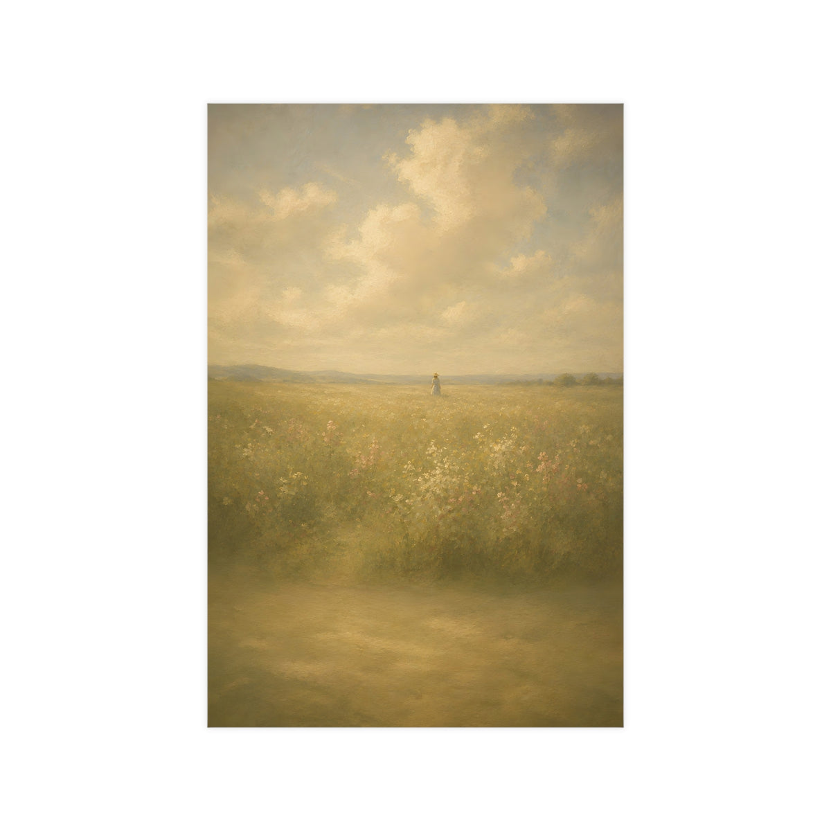 Small in the Field — a single figure very small and far off in a wide wildflower field under a wide summer sky, 12x18 in prin