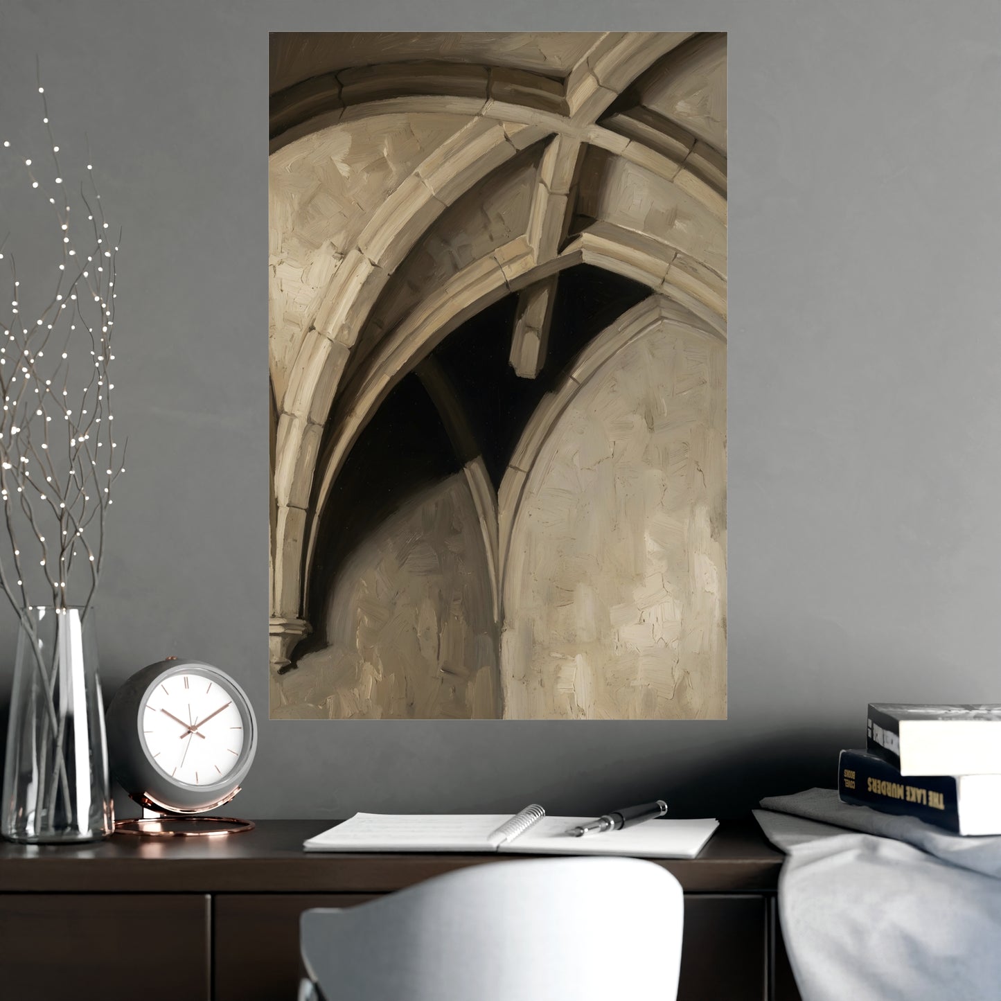 Vaulted Ceiling hung on a grey wall above a dark sofa, 20x30 in print